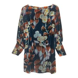 Ann Taylor Velvet Mini Dress Multi Blue Floral Print Balloon Sleeve, Size 0/S